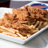Chicken Strips · Panko crusted chicken breast strips served with shoestring fries and ranch.