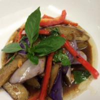 Basil Eggplant · Chinese eggplant, red bell and Thai basil in black bean sauce.
