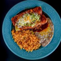 2. Two enchiladas · Two enchiladas filled with cheese, chicken or beef, covered with delicious enchilada sauce a...