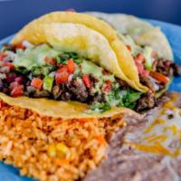 5. Two carne asada tacos · Two soft shell corn tortilla tacos filled with carne asada (grilled steak), pico de gallo an...