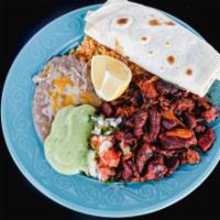 10. Adobada plate · Delicious adobada meat (marinated pork) platter garnished with pico de gallo, shredded chees...