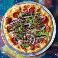 Space Invaders Sm · red sauce, cheese, sausage, pepperoni, green pepper, red onion, portobello mushroom