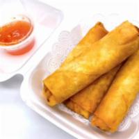Spring Rolls (4 pcs) · Fried rolls stuffed with cabbage, carrot, and glass noodle. Served with homemade sweet chili...