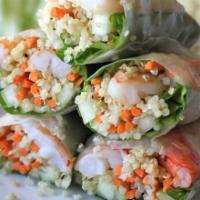 Fresh Basil Rolls (2 pcs) · Delicate rice paper rolled rice vermicelli noodles, bean sprouts, carrots, and basil leaves....