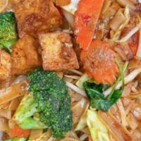 Pad Khi Mao · Stir-fried rice noodles, bell peppers, cabbage, broccoli, carrots, onions, bean sprouts, and...
