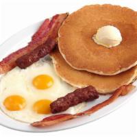2 Pancake and Eggs · Choice of 4 pieces bacon or sausage.