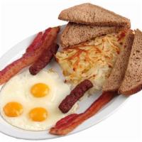 4 Bacon, 3 Eggs, Hash Browns and Toast · 