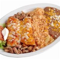 Enchilada Plate Cheese · Cheese, rice and beans with asada or chicken.