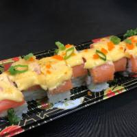 Smoked Dragon Roll · dressed crab meat and avocado, topped with smoked salmon and cheesy mayonnaise, and finished...
