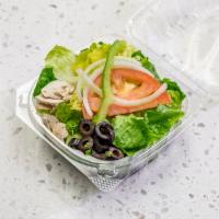 Personal Side Salad · Romaine lettuce with a mix of tomatoes, mushrooms, bell peppers, onion and black olives on t...