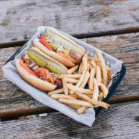 Hot Dog No Fries  · Chicago-style: mustard, relish, onions, tomato, pickle, and sport peppers.
