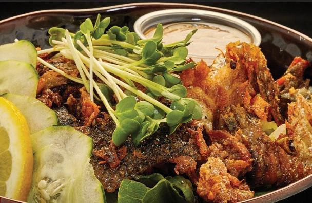 SALMON SKIN SALAD · Crispy Grilled Salmon Skin with Mixed Green, Ginger Dressing (meal size)
