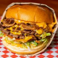 Krazy AF* · Two plant-based patties, two slices of Vegan Cheese, Grilled onions, Vegan Bacon, lettuce, t...