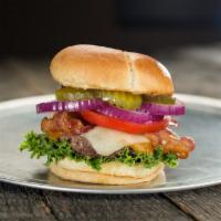 Bacon Cheeseburger · Loaded with mozzarella cheese, cheddar cheese, hardwood smoked bacon, lettuce, tomato, onion...