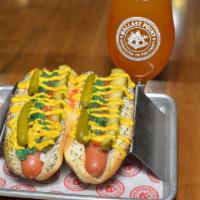 Chicago Dogs  · 2 vienna beef hot dogs, mustard, icebox pickle spear, relish, tomato, celery salt, white oni...