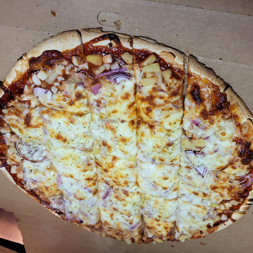 BBQ Chicken Thin Crust Pizza · BBQ sauce, diced chicken, red onions, pineapple.