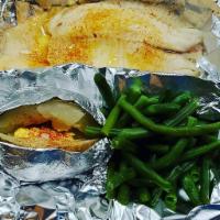 Broiled Tilapia · 2 pieces. Mild flavored fish. Served with baked potato and green beans.