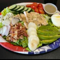 Cobb Salad · Romaine and iceberg lettuce, bleu cheese crumbles, hard-boiled egg, avocado, cherry tomatoes...