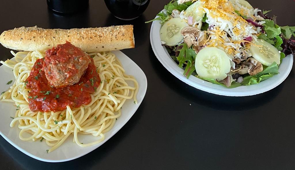 Spaghetti with Marinara · A healthy portion of spaghetti with our tasty marinara sauce, served with a salad and bread stick.