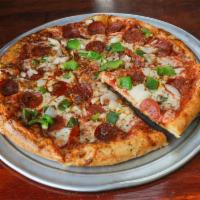 The Mac Pizza (Supreme) · Pepperoni, ground beef, sausage, ham, mushrooms, green peppers, black olives, onions,tomatoe...