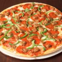 Garbage Pizza · Sausage, pepperoni, green pepper, onion, spinach, black olive and hot giardiniera.