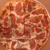 Pizza Bianco · Onion, tomato, mozzarella, spices, fresh garlic and olive oil base.