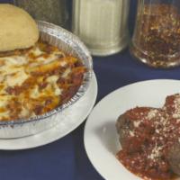 Baked Mostaccioli · Includes salad, OR  garlic bread.  sauces: home-made marinara, or meat.