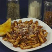 Mostaccioli · Includes salad, OR  garlic bread.  sauces: home-made marinara, or meat.