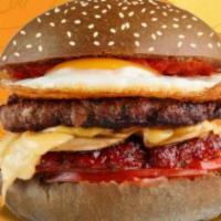 X-Egg Bacon Burger · Hamburger, mozzarella, egg, lettuce, tomato, corn and potato sticks. Hamburger, ovo, bacon, ...