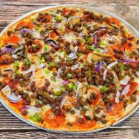 Fat Larry Supreme Pizza · Red sauce base, beef, mozzarella cheese, pepperoni, green peppers, red onions, mushrooms, an...
