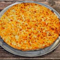 Macaroni and Cheese Pizza · Macaroni and cheese base with cheddar and mozzarella cheese.