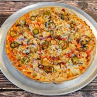 Greg's Special Pizza · Ranch base, chicken, mushrooms, red onions, diced tomatoes, real bacon, jalapenos, cheddar, ...