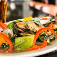 #34 Sawatdee Mussels (10) · With Thai basil and wine sauce OR red curry and ginger sauce.