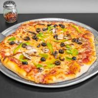 Vegetarian Pizza · Green peppers, onions, mushrooms, black olives.