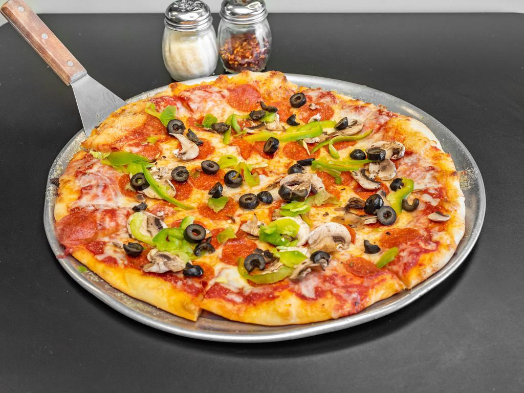 Combination Pizza · Pepperoni, sausage, green peppers, onions mushrooms, black olives.
