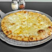 Great White Pizza · Garlic butter, Parmesan, mozzarella, provolone and ricotta cheeses.
