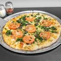 Spinach, Cheese and Veggie Pizza · Garlic butter, mozzarella and provolone cheese, oregano, mushrooms, tomatoes, black olives, ...