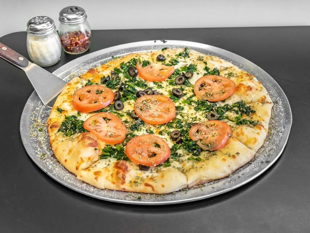 Spinach, Cheese and Veggie Pizza · Garlic butter, mozzarella and provolone cheese, oregano, mushrooms, tomatoes, black olives, spinach.
