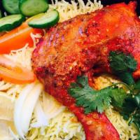 Tandoori Chicken with Rice/naan · Served with one regular chicken Tandoori and basmati rice or 2 naans as per your choice