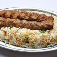 Chicken kabab with Rice/Naan · Served with one regular 2 chicken kababs and basmati rice or 2 naans as per your choice