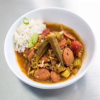 SOUTHERN CHICKEN AND BEEF SAUSAGE GUMBO (GLUTEN FREE) - Double · Roux-less chicken and beef sausage gumbo with ground smoked shrimp, okra and veggies, served...