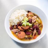SOUTHERN RED BEANS 'N RICE - Single · Slow cooked red beans with smoked turkey and beef sausage served over rice.  Gluten Free!
