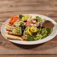 Classic Greek Salad · Fresh mixed greens, black olives, banana pepper, red onion, feta cheese, tomato, and cucumbe...