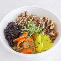 Rice Bowls · Comes with pickled daikon, marinated mushrooms, spicy cucumbers, crispy shallots, furikake a...