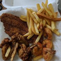 Chicken, Fish, and Shrimp Combination Platter · Bone in wings, one filet of fish your choice (catfish or cod) and jumbo shrimp.