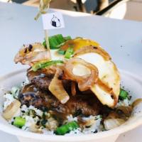 Loco Moco · Hamburger steak patties, grilled onions, fried egg, gravy, crispy onions, chives with white ...