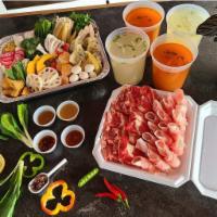 Couple Set · Your choice of 
1 Broths,
2 Proteins,
2 Vegetables,
2 Starches
2 Dipping Sauces