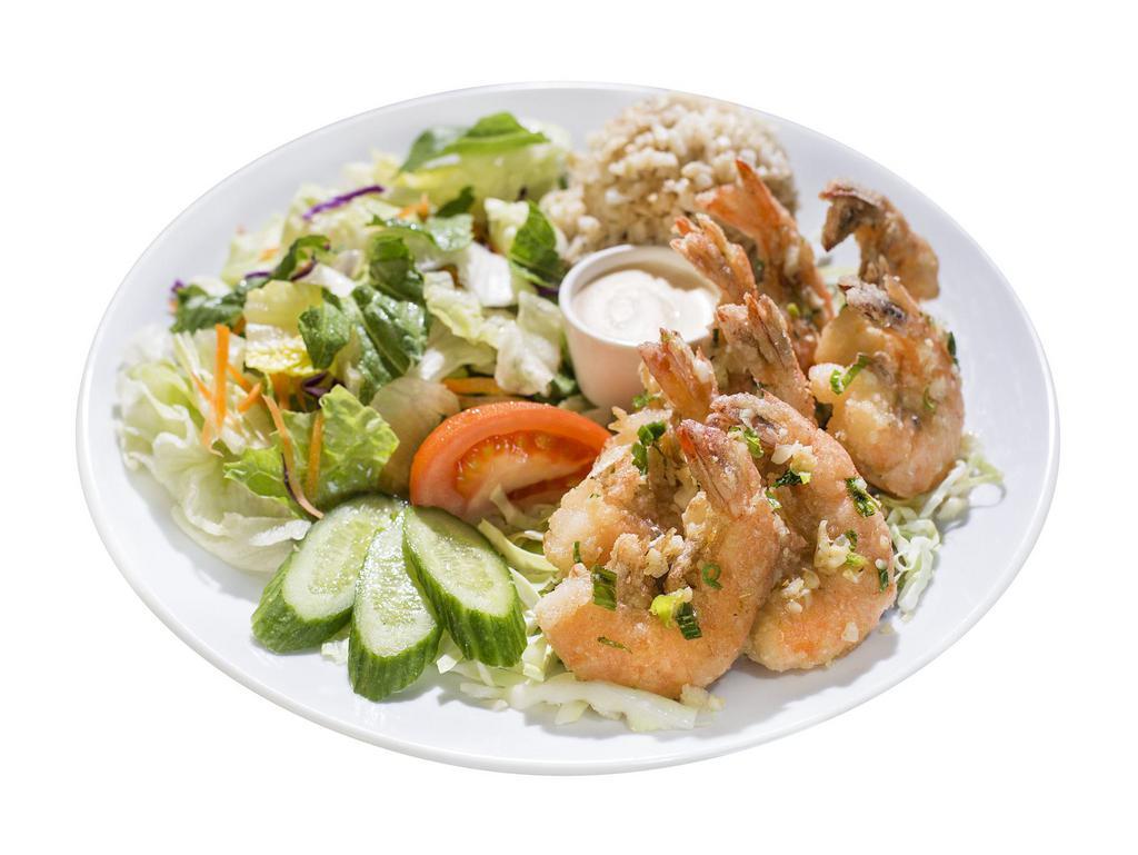 Healthy Garlic Shrimp · Prawns sauteed with rich garlic, green onion and butter with pepper. Served with a scoop of brown rice and tossed green salad.