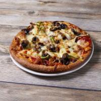 Bellcino's Pride Pizza · Pepperoni, ham, sausage, mushrooms, green peppers, onions, black olives and mozzarella cheese.