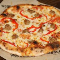 Sausage and Peppers Pizza · Marinara sauce, Italian sausage, red bell peppers and shredded mozzarella.
